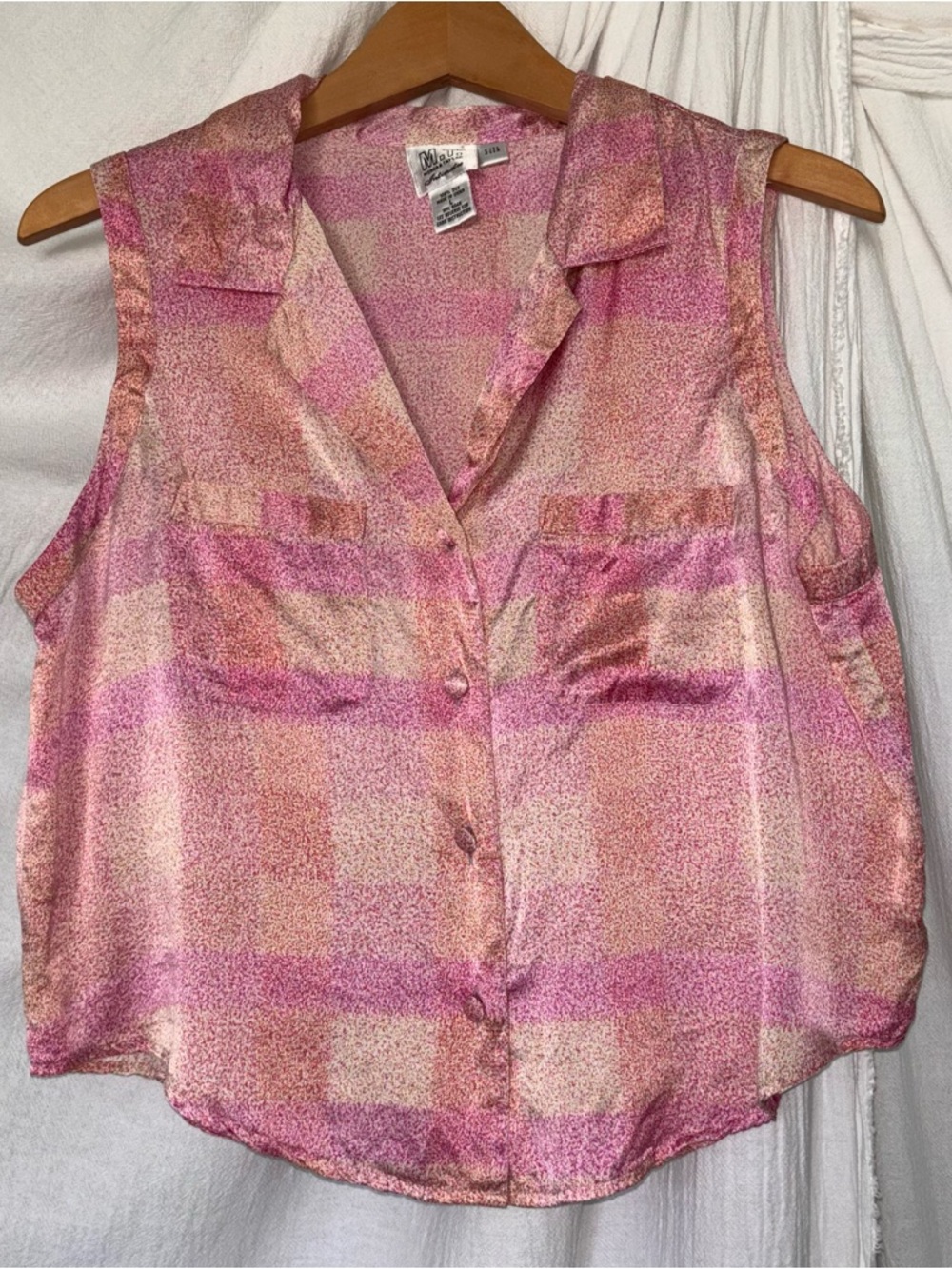 Morgan Taylor Pink & Peach Checked Silk Sleeveless Blouse
